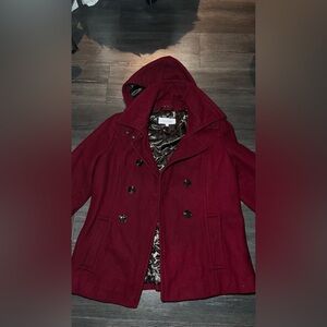 Calvin Klein Women's Hooded Double-Breasted Pea Coat - Wine